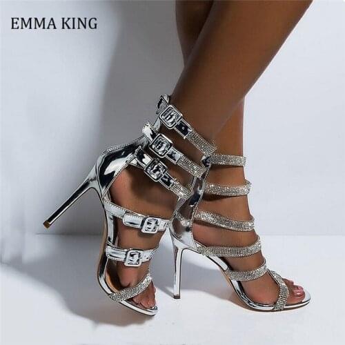 Strings Rhonestone Stiletto Sandals High High Heel Women Sandals Crystal Ladies Shoes Zipper Design Party Open-toed Sandals 2020