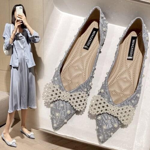 String Bead bow-knot ballet flats woman sneakers women shoes shallow loafers pointed toe pearl moccasins femme big size 35-43