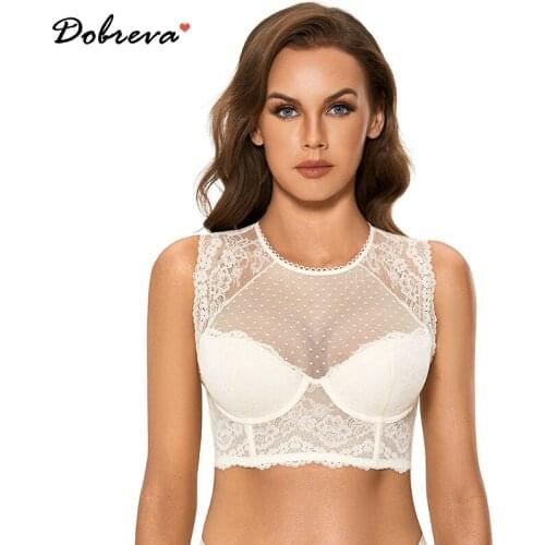 DOBREVA Womens Lace Bralette Padded Underwire High Neck Bustier Crop Top