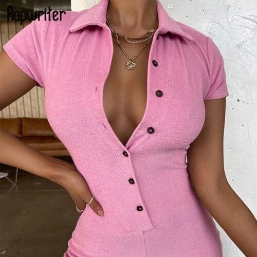 Pink Overalls For Women Shorts Female Jumpsuit Summer 2021 Single-Breasted Short Sleeve Turn-Down Collar One Piece Romper Bodys