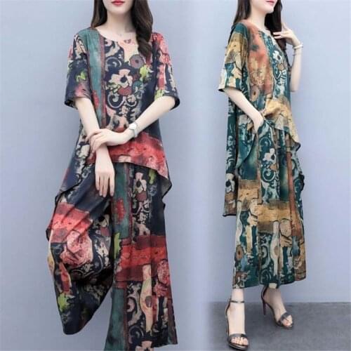 M-5XL Floral Print Women Tracksuit Casual Two Piece Set Short Sleeve Summer Top + wild leg pant Female Clothing