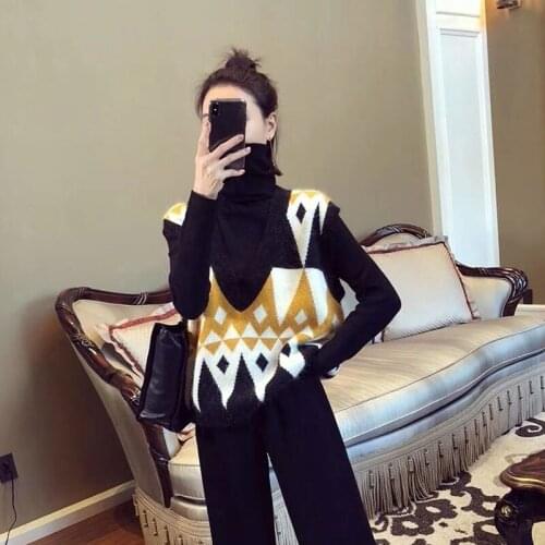 Women New Knitting Sweater Vest 2021 Autumn Fashion Knitted Pullover Vests Hit The Color Stitching Female V-neck Sleeveless Tops