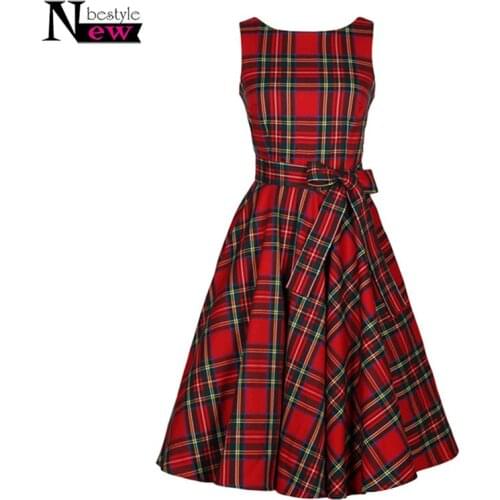 Women O Neck Red Tartan Checks Plaid Dress Retro Vintage 50s 60s Pin Up Rockabilly Swing Dresses With Sash Hepburn Robe Vestidos