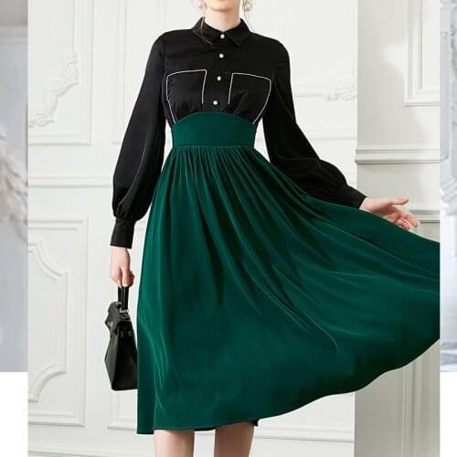 Dress Women Turn-Down Vintage Collar Midi Autumn Spring Clothes Long Sleeve Elegant Korean Pleated High Waist Dresses Vestido Za