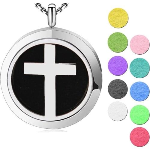 10pcs Newest Round Silver Cross Stainless Steel Premium Aromatherapy Essential Oil Diffuser Necklace With Free chain and Pads