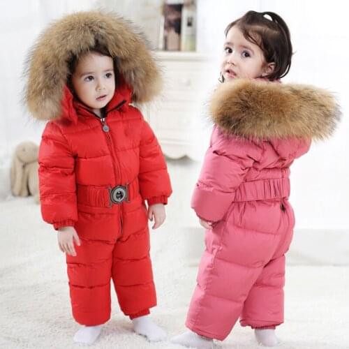 2021 Winter Down Toddler Girls Romper Fur Hooded Boy Jumpsuit Warm Children Onesie Unisex Kids Snowsuit Costume Newborn Clothes