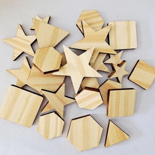 50Pcs Unfinished Wood Slices Mixed Size Wooden Star Hexagon Blanks Cutouts Pine Wood Square DIY Crafts Home Decor Scrapbooking