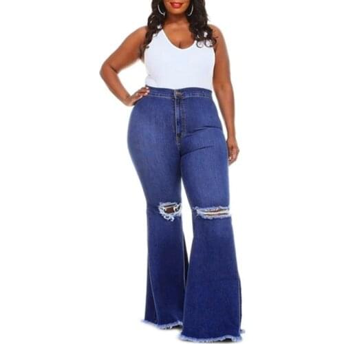 Chic Personality Ripped Flared Pants Sexy High Waist Flared Pants Denim Jeans Large Solid Retro Stretch Slim Wide-leg Pants 2021