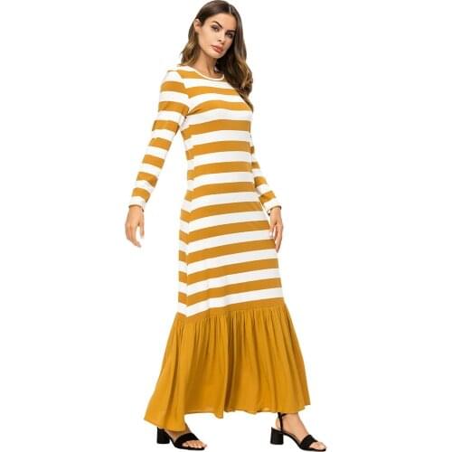 Casual Muslim Abaya Stripe Flounce Maxi Dress Kimono Long Robe Gowns Loose Style Jubah Ramadan Middle East Islamic Clothing