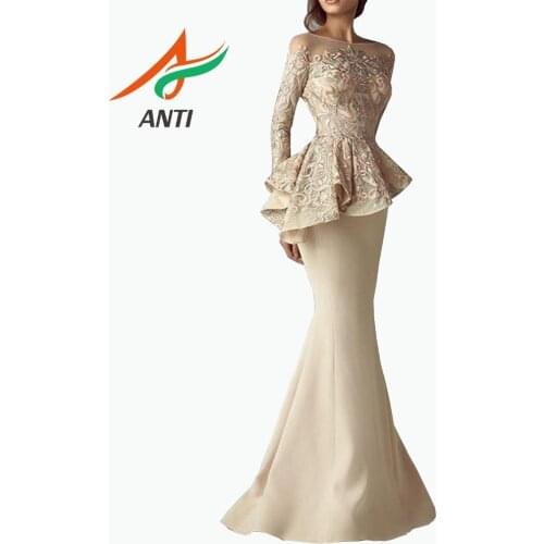 ANTI abendkleider Evening Gown Khaki Full Sleeves Mermaid Evening Dresses Peplum abiye Robe De Soiree Elegant Evening Dress Long