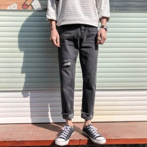 Denim Jeans mens spring autumn ripped feet ankle length pants solid color straight pants beggar pants trendy handsome trousers