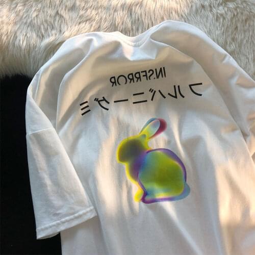 Kawaii Rabbit Japan Style Kanji Print T Shirts Pure Cotton Summer Tops 2021 Fashion Hip Hop Streetwear Harajuku Teens Clothes