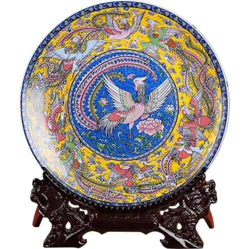 Fengshui Art Ceramic Ornamental Plate Ancient China NinePheonix Decoration Wood Base Porcelain Traditional Chinese Plate Set