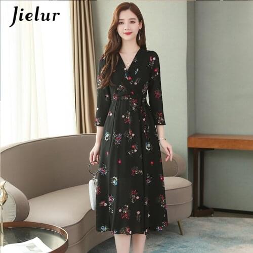 Jielur Autumn Dress Women Long Sleeves Black Chiffon Floral Print V-neck Robe Femme Pockets Belt Dresses High Waist M-XXXL Slim