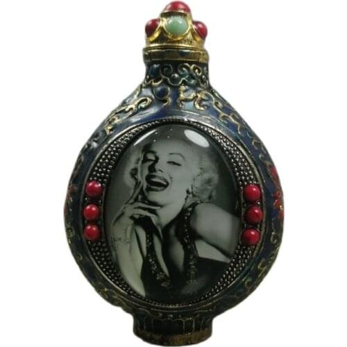 Chinese old Beijing old goods collection old Copper tire cloisonne with turquoise snuff bottle character pattern