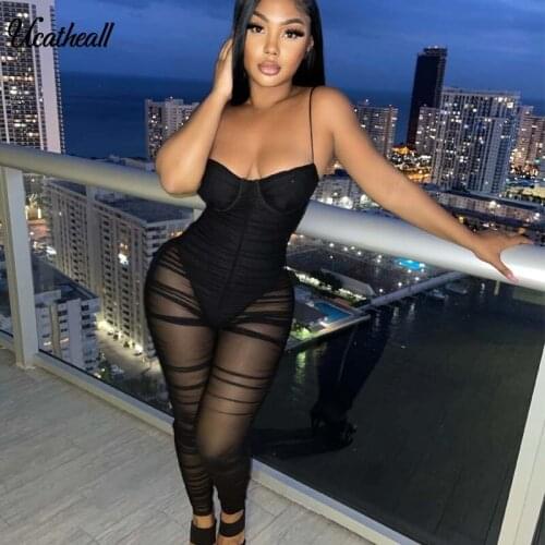 Off The Shoulder Mesh Jumpsuit Women Sleeveless Backless Club Party Jumpsuits Bodycon Ruched Bandage Outfits Fashion