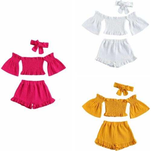 3 Pcs Infant Solid Color Outfits Sets Baby Girls Off Shoulder Flare Sleeves Boat Neck Tops + Ruffle Shorts + Bowknot Headband