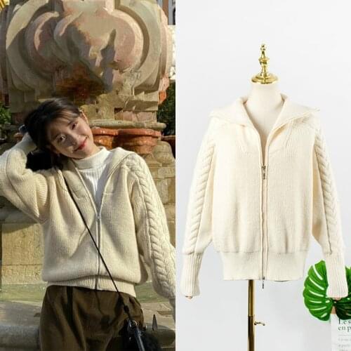 Kpop IU Lee Ji Eun Winter New Harajuku Style Loose Zipper Sweaters Women Korean Fashion Solid Color Warm Knit Cardigans Sweater