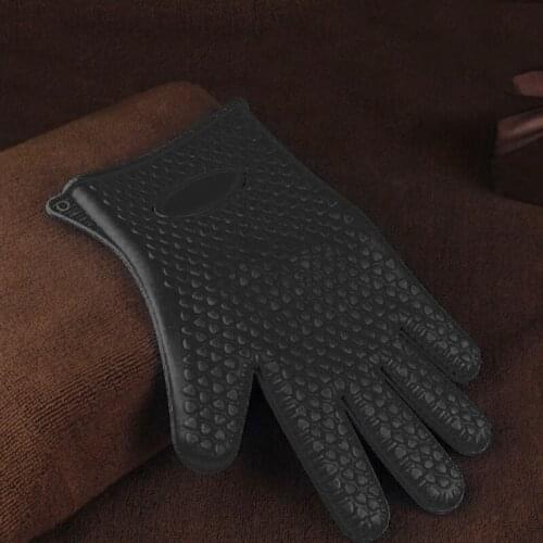 Kitchen Heat Resistant Silicone Glove Oven Pot Holder Baking BBQ Cooking Mitt-Black-ABUX
