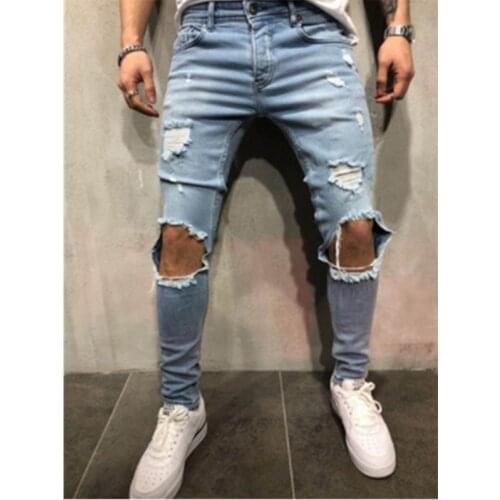 Mens Jeans Vintage Skinny Knee Destroyed Ripped Jeans streetwear Slim fit Pants Homme beggar Hole Hip Hop denim trousers Men