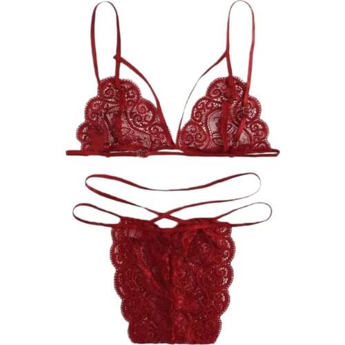 New Hot Sale Fashion Women Sexy Two-piece Lingerie Set, Wine Red Suspender See-through Lace Underwear + Panties, S/ M/ L/ XL