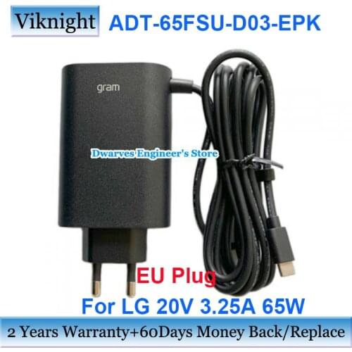 Genuine ADT-65FSU-D03-EPK Laptop Adapter Charger EU Plug For LG 20V 3.25A 65W HU10967-20029RR-HR3-ADT-65DSU Power Supply Type C