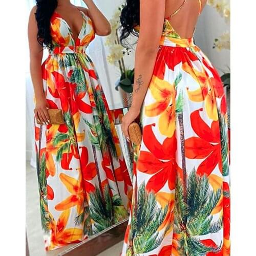 BKLD Maxi Dresses For Women Summer 2020 Sexy Floral Print V Neck Bandage Backless Fashion Ladies Party Spaghetti Strap Dress