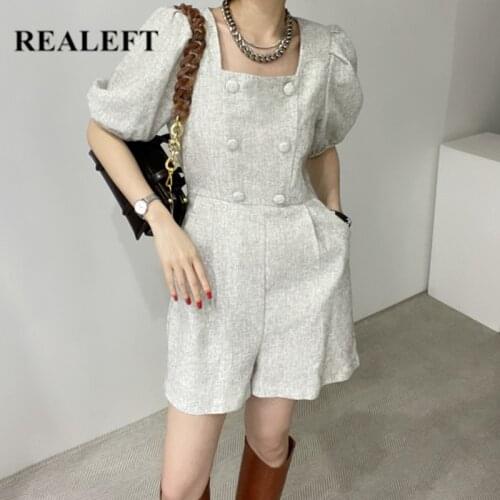 REALEFT 2021 New Summer Classic Womens Jumpsuits Chic Buttons High Waist Puff Sleeve Sqaure Collar Female Rompers Pockets Lady
