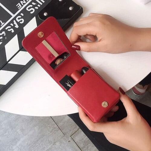 Embroidery Thread Retro Lipstick Bag Small Portable Makeup Belt Mirror Leather Storage Box Portable Mini Cosmetic Bag