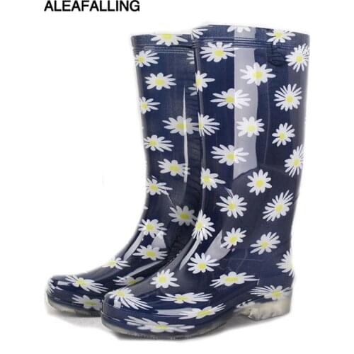 Aleafalling Flower Knee High Rain Boots Student School Flower Rain Boots Shoes Woman Solid Rubber Waterproof School Botas W116