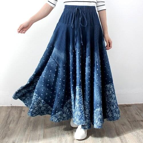 2020 Long Maxi A-line Skirts Women Elastic Waist embroidered Spring Autumn Denim Jeans Blue Skirt