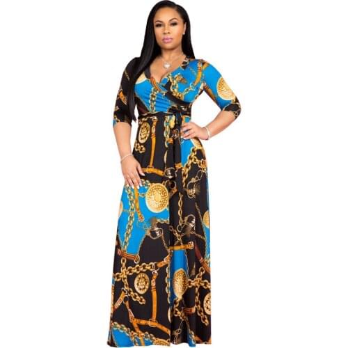 Women fashion 3/4 sleeve v neck foral printed maxi dress robe africaine femme Fall 2020 party wrap dress with sashes