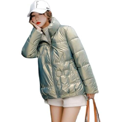 Women Winter Stand Collar Windproof Big Pocket Short Glossy Coat Puffer Jacket Cotton Padded Parkas Outwear Overcoat