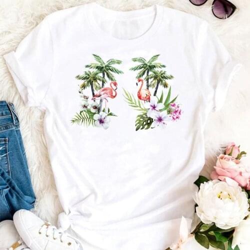 Women Female Summer Flamingo Floral Beach Cute 90s Trend Cartoon Tshirts Fashion Clothes Graphic T Top Lady Print Tee T-Shirt