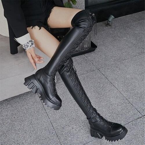 MILI-MIYA Fashion Design Women Cow Leather Over-The-Knee Motorcycle Boots Slip-On Platform Heels Round Toe Size 34-39 For Ladies