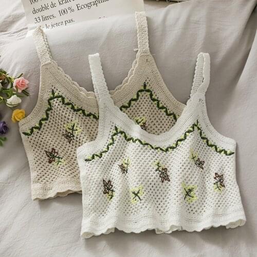 Woman embroidery knitted crop tops spaghetti strap tank top camis for women floral print sleeveless camisole 2021 fashion hot