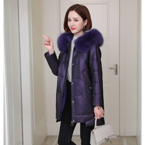 90% White Duck Down Womens Down Jackets Fox Fur Collar Hooded Coat Female Real Sheepskin Leather Woman Jacket Abrigos Zjt2090