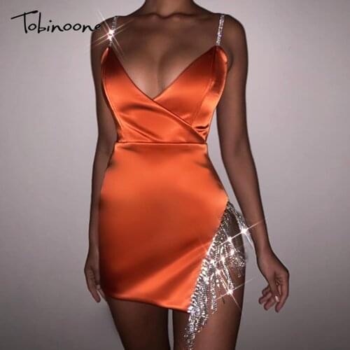Tobinoone Summer Sexy Tassel Diamond Party Dress Bodycon Spaghetti Strap Elegant V Neck Dresses Women Club Mini Dress Vestidos