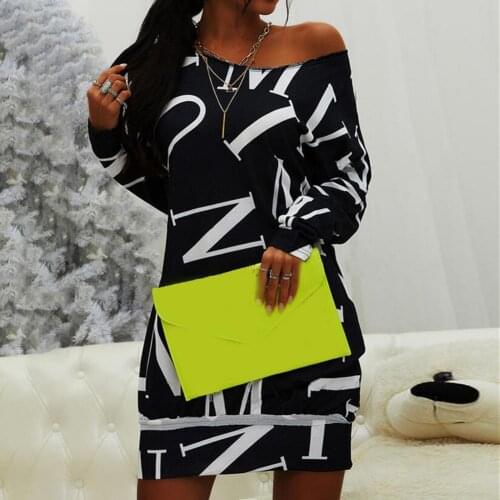 Womens Dresses Letters Print Off Shoulder Pullover Casual Long Sleeve O Neck Dress Elegant Office Lady Sexy Party Mini Dress