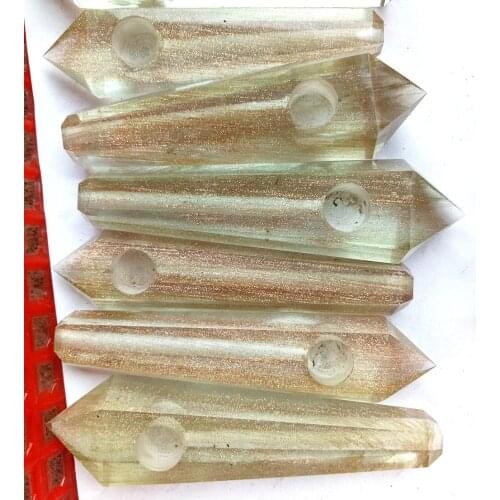 1pcs Pretty Gold wire Melting stone crystal wand pipe tobacco golden quartz smelt tube healing with Metal mesh 3.8-4.2inches
