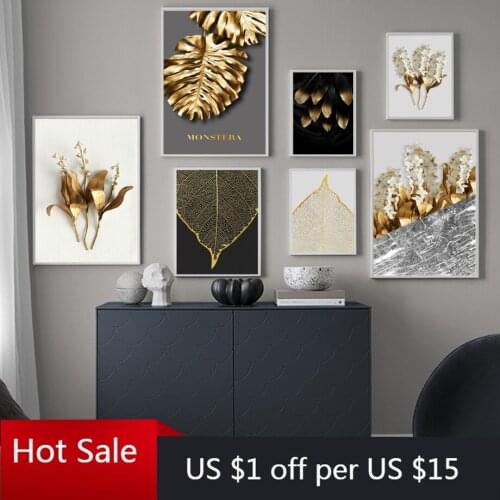 Abstract Golden Leaves Flower Monstera Prints Wall Art Picture Canvas Painting Nordic Wall Decor Poster Aesthetic Room Decor