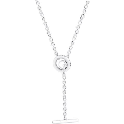 Pave Circle Logo T-bar Heart Necklace Pendant Fits For Beads & Charms DIY Chain Fashion Female Necklace Sterling Silver Jewelry