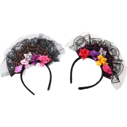 Adult Kids Day of The Dead Spiderweb Headband Artificial Flower Skull Halloween Hair Hoop Lace Mesh Cosplay Headpiece