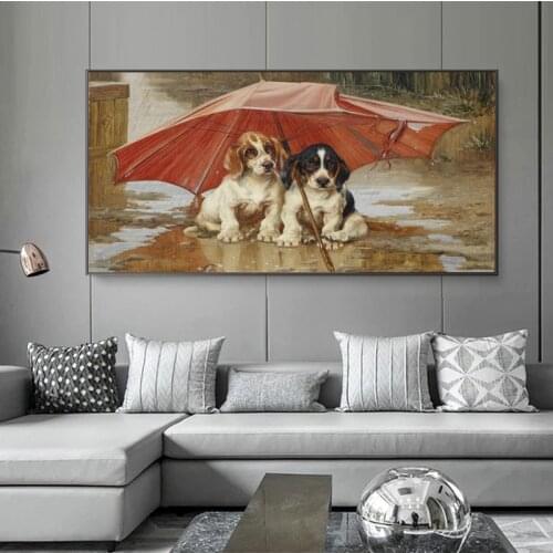Two Dogs under the Shabby Umbrella Oil Painting Prints on Canvas Wall Art Decorative Animal Picture for Living Room Home Decor