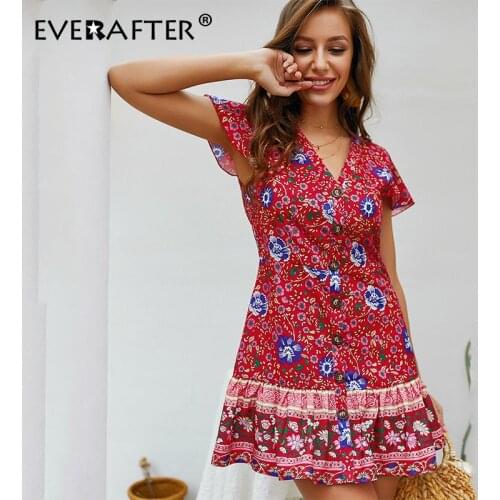 EVERAFTER Bohemian floral print dress women 2019 summer V neck ruffle button sundress elegant holiday beach mini dresses female
