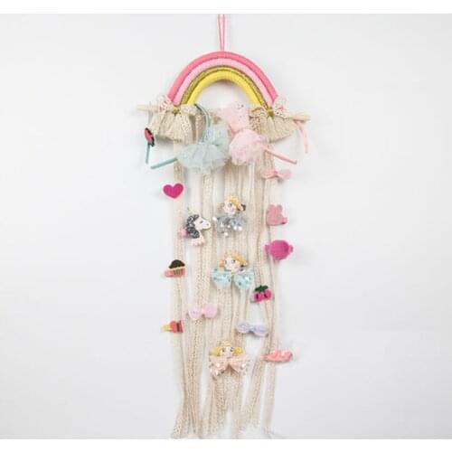 INS Hand-woven Tassel Rainbow Wall Hanging Ornaments Kids Hair Clips Storage Belt Girls Hair Bows Organizer Holder Strip