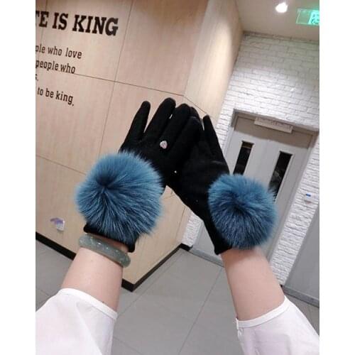 Fox Fur Ball Cashmere Warm Gloves Korean Style Autumn and Winter Fashion Simple Student Finger Touch Screen Gloves