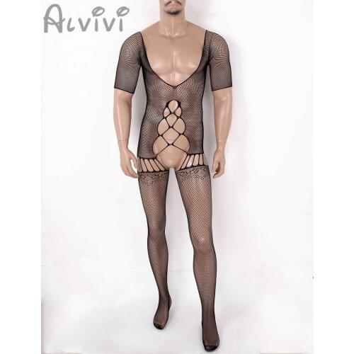 Alvivi lingerie See Through Sheer Mesh/Hollow Out Fishnet Footed Mens Gay Erotic Lingerie Sissy Nightwear Open File Jumpsuit Set