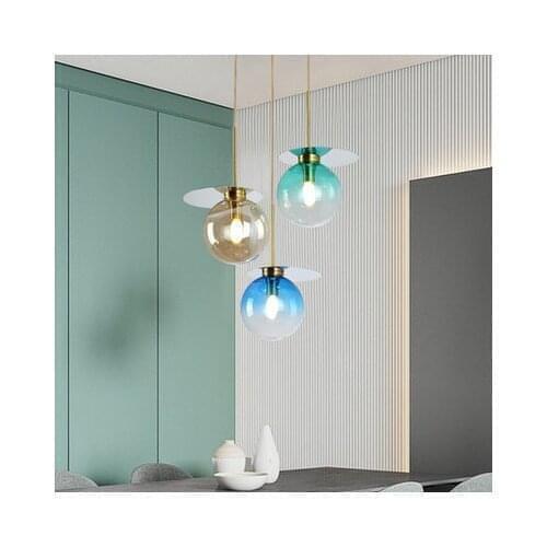 Nordic creative gradient glass ball chandelier Restaurant Bar bedroom modern art color LED single head glass chandelier