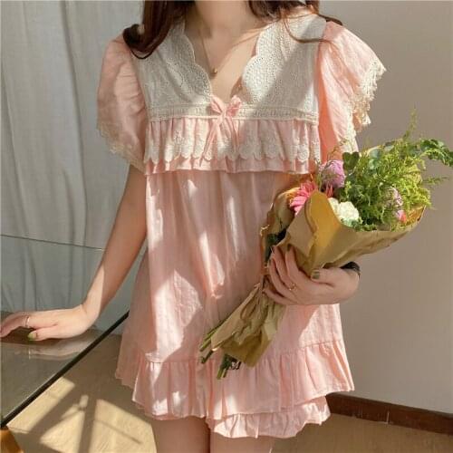 Lace Patchwork Summer Pajamas Set Women Korean Short Sleeve Kawaii Home Suit V-Neck Sweet Princess Home Clothes Two Piece